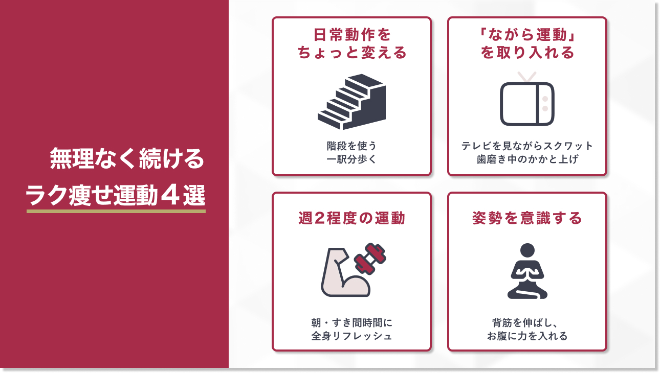 【運動編】無理なく続ける楽痩せ運動4選